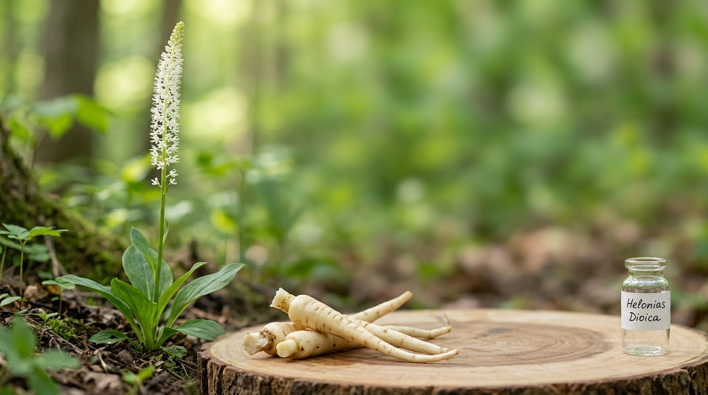 Chamaelirium luteum (False Unicorn Root) flowering plant with harvested root and a labeled Helonias Dioica homeopathic remedy vial on a wooden log in a forest setting