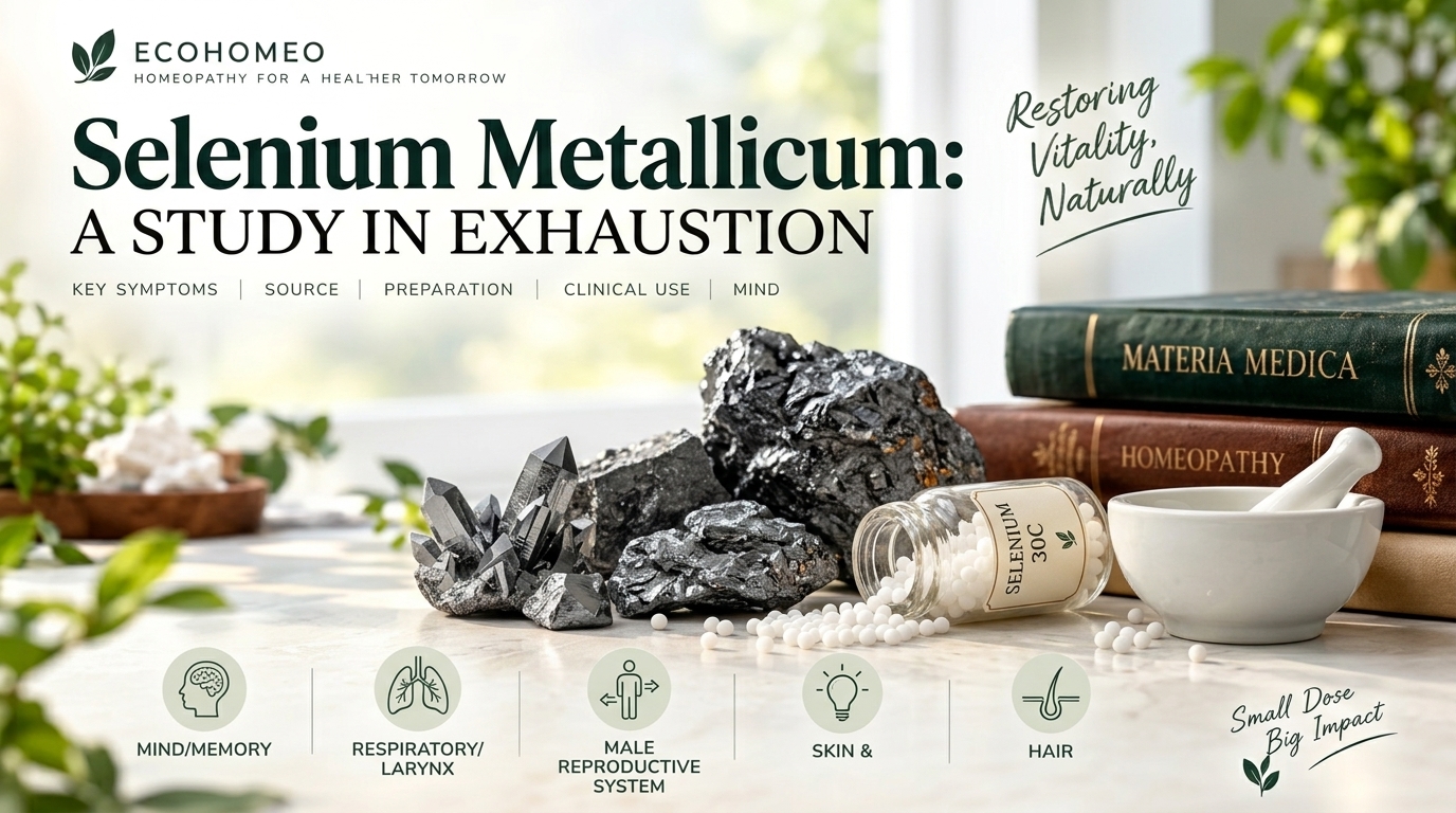 Selenium Metallicum Homeopathic Remedy Banner showing elemental selenium crystals and remedy bottle
