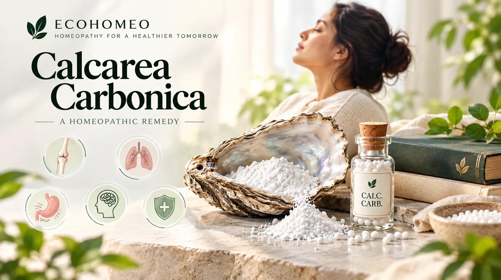 Banner titled Calcarea Carbonica, a homeopathic remedy, showing an oyster shell with white calcium carbonate powder and a bottle of Calc Carb pellets beside old books