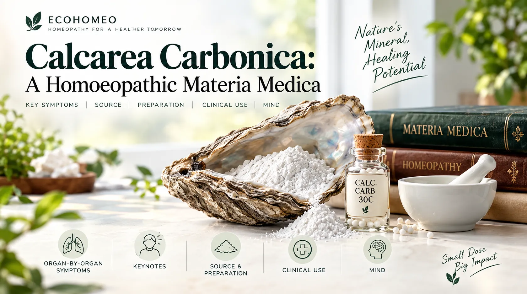 Banner titled Calcarea Carbonica: A Homoeopathic Materia Medica, showing an oyster shell, a Calc Carb 30C bottle, a mortar and materia medica books